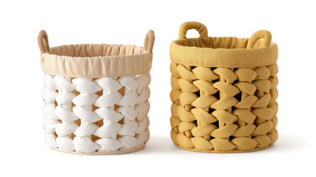 Pair of woven storage baskets with cloth lining side by side on white backgroundの素材