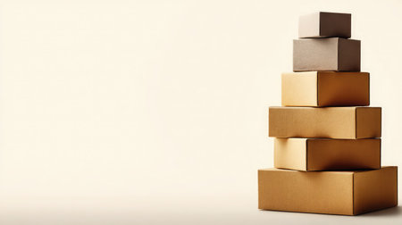 Stack of shipping boxes made from brown corrugated cardboard on a bright white backgroundの素材