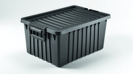 Single black plastic storage tote with built-in handle and grooved lid isolated on whiteの素材