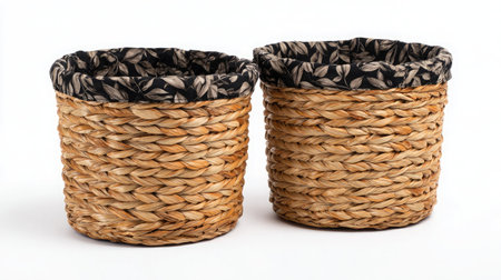 Pair of woven storage baskets with cloth lining side by side on white backgroundの素材