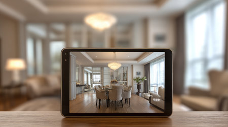 Simulated home furnishings and wall decor shown in AR on sleek tablet in real estate settingの素材
