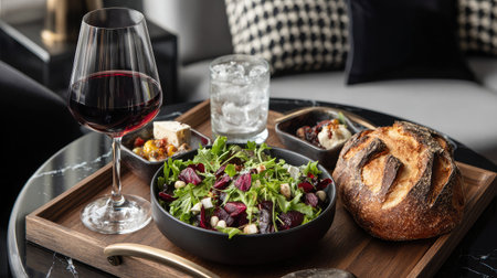 Stylish hotel suite interior with tray of freshly made salad, artisan bread, and chilled beverageの素材