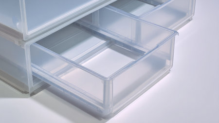 Simple plastic drawer with storage sections pulled out slightly to show depth, on whiteの素材