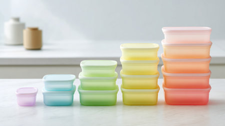 Set of pastel-colored storage bins arranged in gradient order on white surfaceの素材