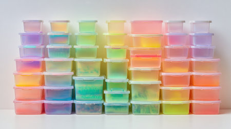 Set of pastel-colored storage bins arranged in gradient order on white surfaceの素材