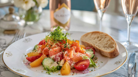 Plated Caesar salad with sliced baguette and sparkling soda can in luxury city hotel roomの素材