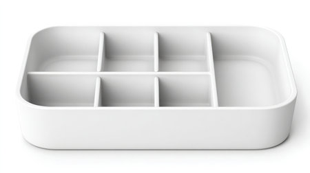 Simple plastic drawer with storage sections pulled out slightly to show depth, on whiteの素材