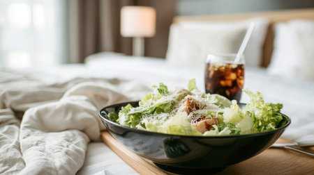 Soft-focus background with clear view of Caesar salad and soda in upscale hotel roomの素材