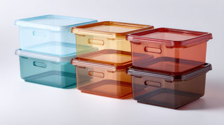 Stack of transparent plastic storage boxes with lids on a white background, neatly aligned in a rowの素材