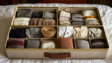 Storage box with adjustable dividers lying flat with compartments shown clearlyの素材