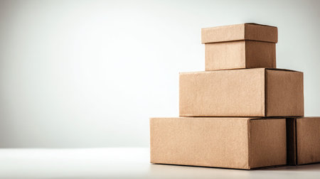 Stack of shipping boxes made from brown corrugated cardboard on a bright white backgroundの素材