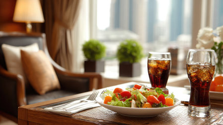Soft-focus background with clear view of Caesar salad and soda in upscale hotel roomの素材