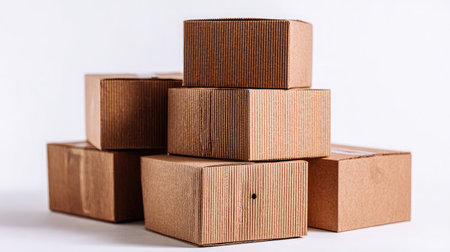 Stack of shipping boxes made from brown corrugated cardboard on a bright white backgroundの素材