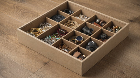 Storage box with adjustable dividers lying flat with compartments shown clearlyの素材