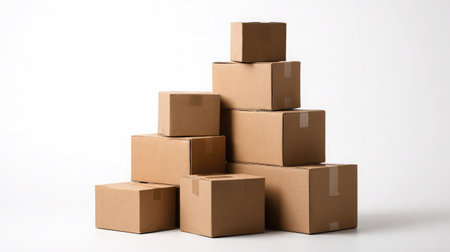 Stack of shipping boxes made from brown corrugated cardboard on a bright white backgroundの素材