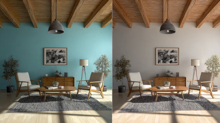Tablet app shows side-by-side comparison of empty room and AR-furnished designの素材