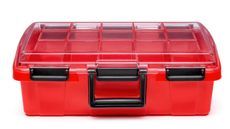 Toolbox-style plastic storage box with compartments for hardware, isolated on whiteの素材