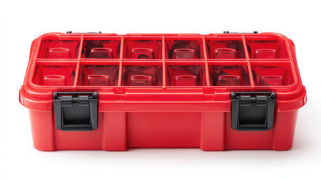 Tool storage box with visible compartments and latch, neatly closed on white backgroundの素材