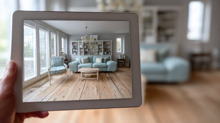 Tablet with AR interface visualizes styled furniture in plain interior spaceの素材