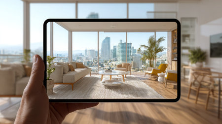 Tablet displaying AR real estate tour with digital furniture overlay in empty living roomの素材