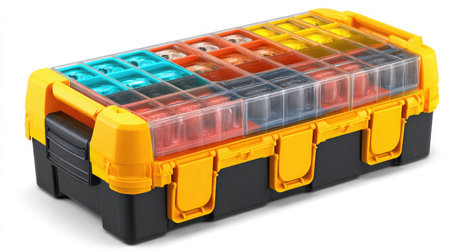 Tool storage box with visible compartments and latch, neatly closed on white backgroundの素材