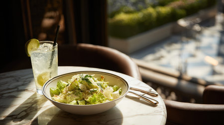 Urban suite setting with elegant Caesar salad and refreshing soda on circular marble tabletopの素材
