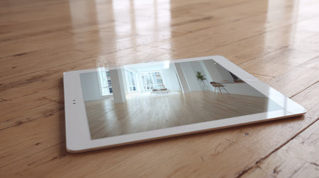 Tablet on hardwood floor with AR scene of stylish decor in minimal white roomの素材