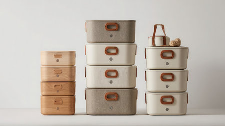 Top view of stackable drawer-style storage boxes in neutral tones on a white backgroundの素材
