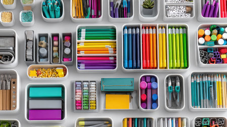 Top-down view of stationary organizer boxes sorted neatly on bright white backgroundの素材