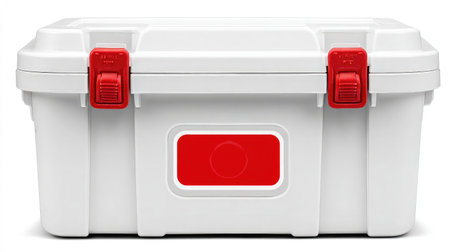 Tightly sealed storage box with snap locks and waterproof label centered on whiteの素材