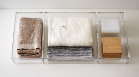 Transparent drawer storage with visible contents, centered on white surfaceの素材