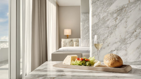 White marble table in airy suite with room service tray including salad and bread rollの素材