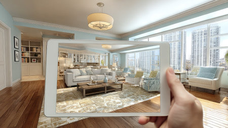 Virtual home layout and decor on tablet turning plain space into styled homeの素材