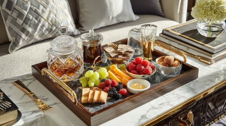 Tray of room service in posh hotel setting, marble accents and sunlight through sheer curtainsの素材