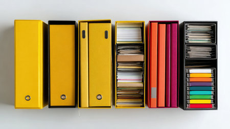 Top-down view of stationary organizer boxes sorted neatly on bright white backgroundの素材