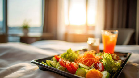 Warm daylight hitting tray with salad and soda in cozy modern hotel spaceの素材