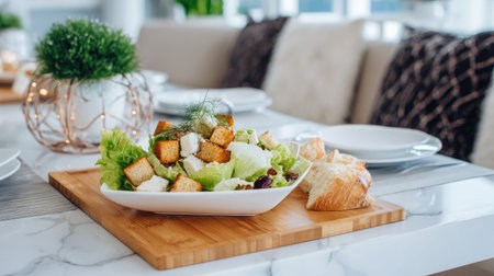 Well-composed tray of hotel cuisine, Caesar salad and bread resting on white marble tabletopの素材
