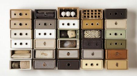 Top view of stackable drawer-style storage boxes in neutral tones on a white backgroundの素材