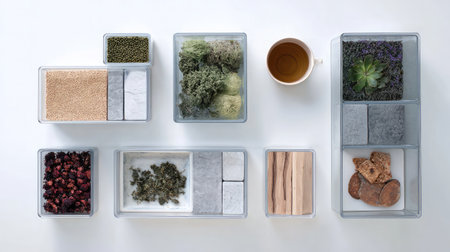 Transparent drawer storage with visible contents, centered on white surfaceの素材