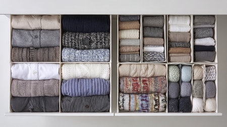 Top view of stackable drawer-style storage boxes in neutral tones on a white backgroundの素材
