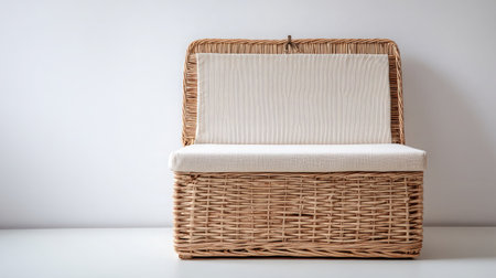 Wicker storage box with fabric liner, placed in center of clean white backgroundの素材