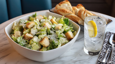Tray of classic Caesar salad and baguette beside chilled soda on designer marble surfaceの素材