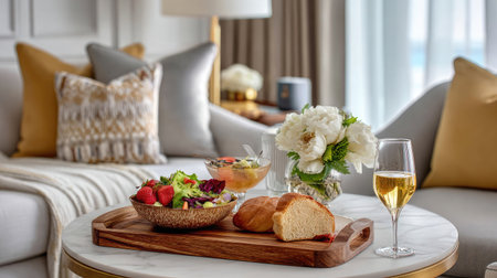 White marble table in airy suite with room service tray including salad and bread rollの素材