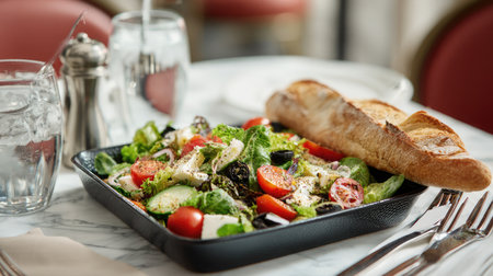 Well-composed tray of hotel cuisine, Caesar salad and bread resting on white marble tabletopの素材