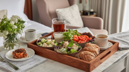 White marble table in airy suite with room service tray including salad and bread rollの素材