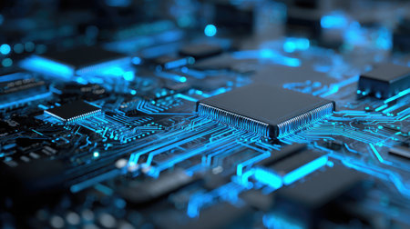 Abstract digital interface over circuit board representing data management in modern business techの素材
