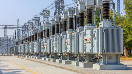 A row of massive transformers at an electrical substation feeding from a power plant facilityの素材