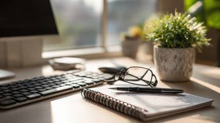 A bright, serene desktop with a leather-bound notebook and a green plant casting gentle shadows from soft backlightingの素材