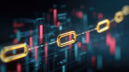 Blockchain technology symbols floating above glowing digital chains and financial dataの素材