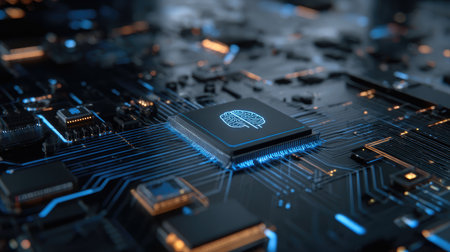 Artificial intelligence and machine learning icons over circuit patterns in glowing blueの素材